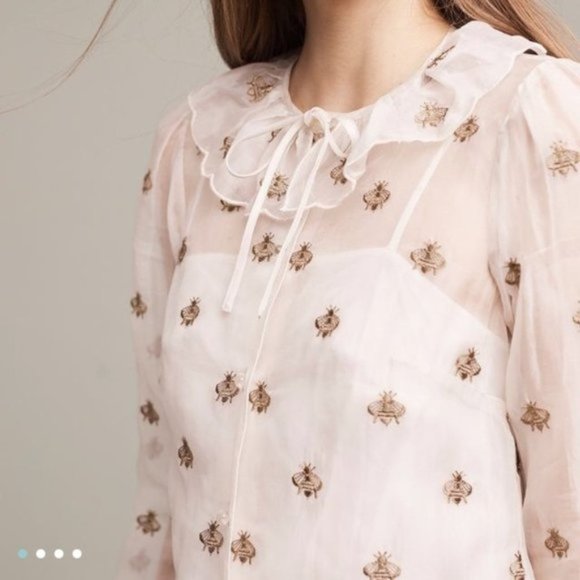 Gucci vibes! Rare Anthropologie X Orla Kiely Buzzing Bee Silk Top - Picture 2 of 7